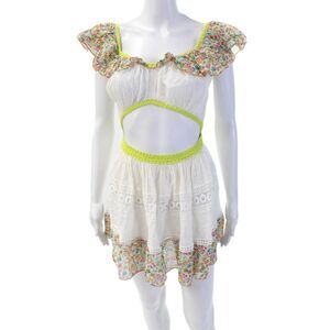 Chio Womens Floral Ruffled Off Shoulder Cut Out Cover Up Dress White Size Small